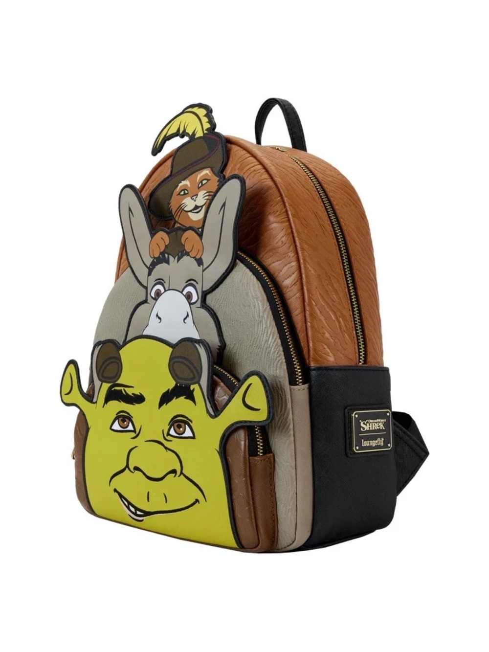 Loungefly Shrek Donkey and Puss in Boots Trio Triple Pocket/Zip Backpack NWT 💚 - Picture 2 of 12